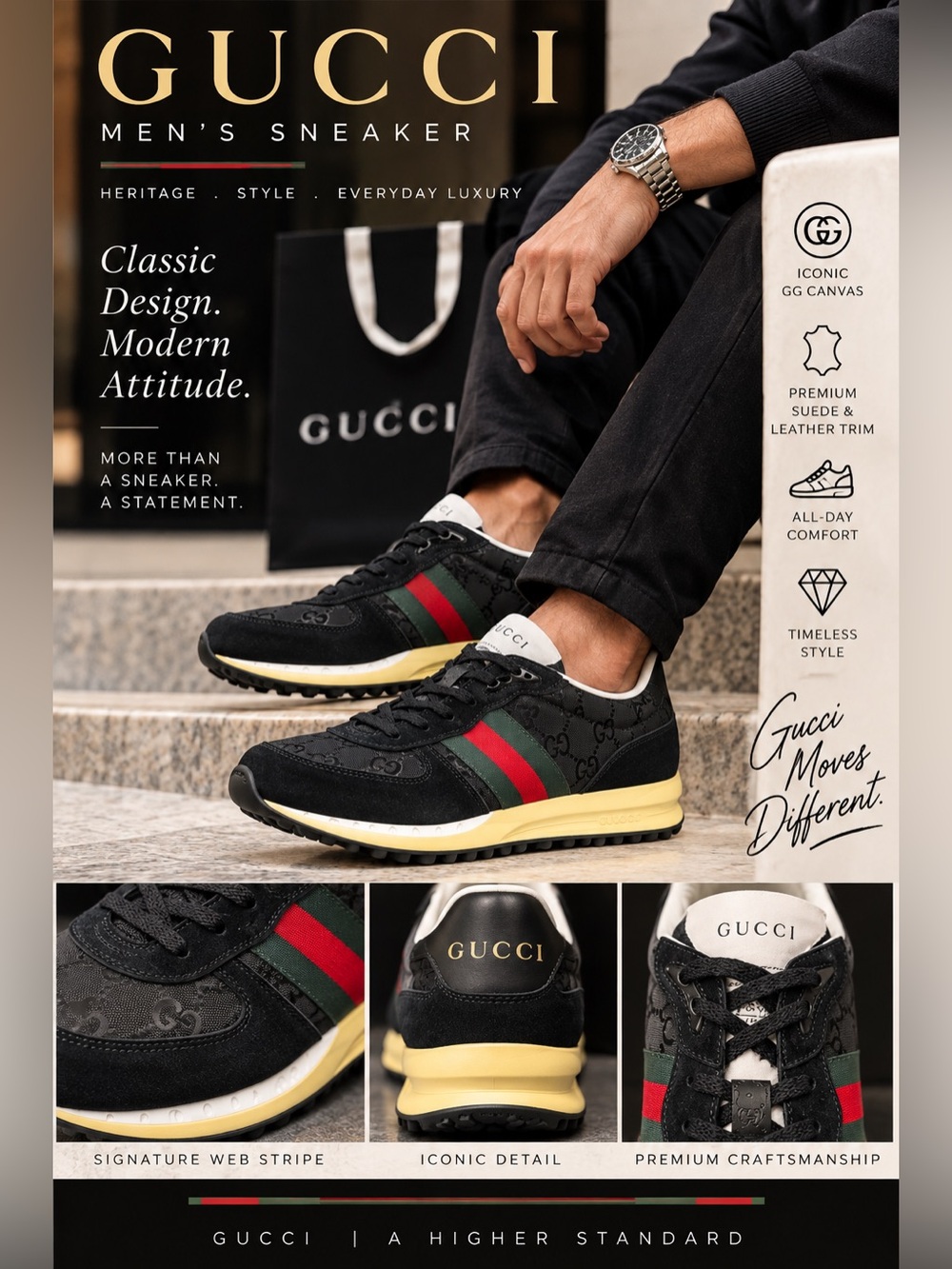 Gucci Black GG Suede & Canvas Sneakers with Green and Red Web